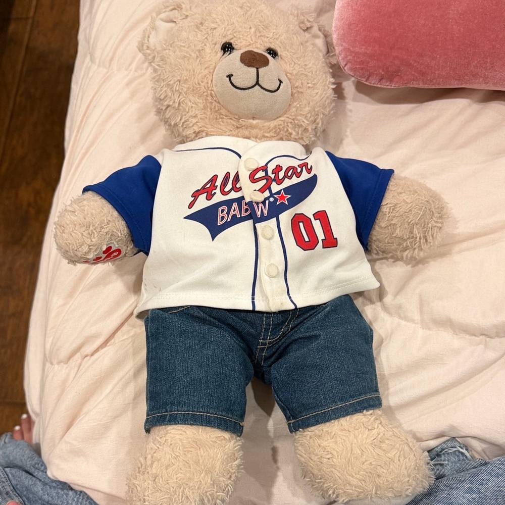 Build-A-Bear Cream Teddy in Blue and White Outfit